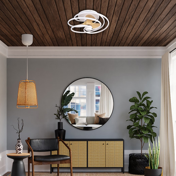 VENTILADOR DECORATIVO BLANCO Y MADERA CON LED Y CONTROL Ø68 DC 26W