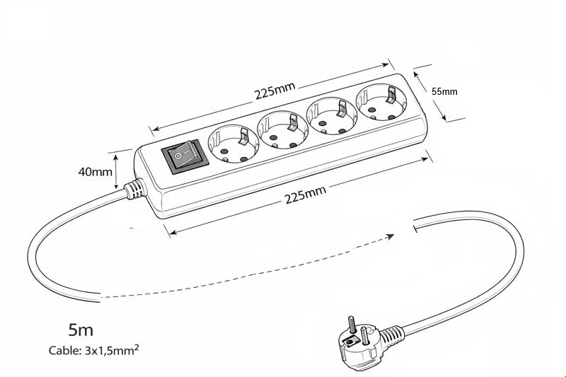 ENCHUFE MÚLTIPLE DE 4 POSICIONES CON CABLE E INTERRUPTOR 3x1,5mm 5m CON PROTECCIÓN INFANTIL