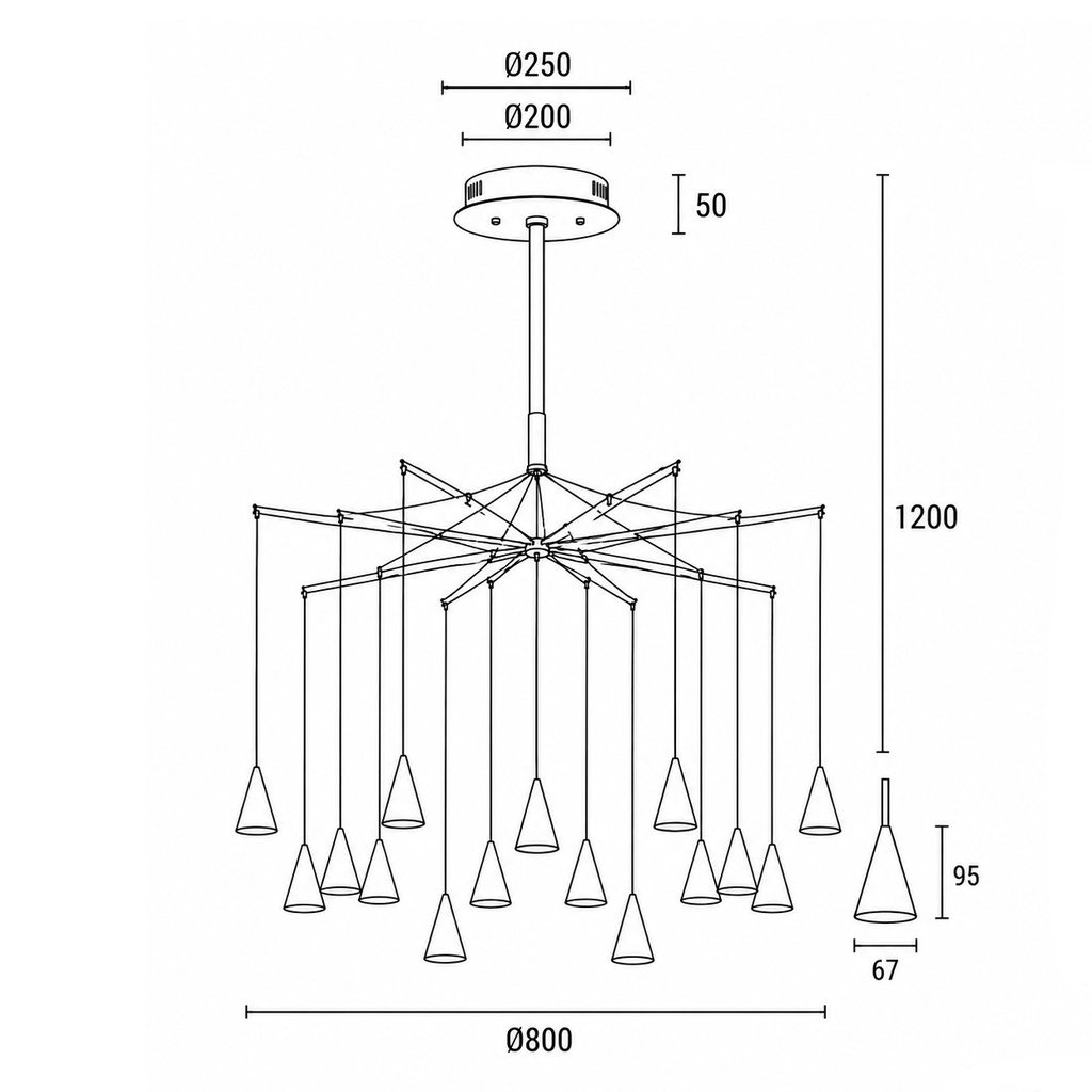 LÁMPARA COLGANTE LED 90W 5400lm 3000K Ø1000x1200mm NEGRO ARTE ILLUMINA CAMPANELLE