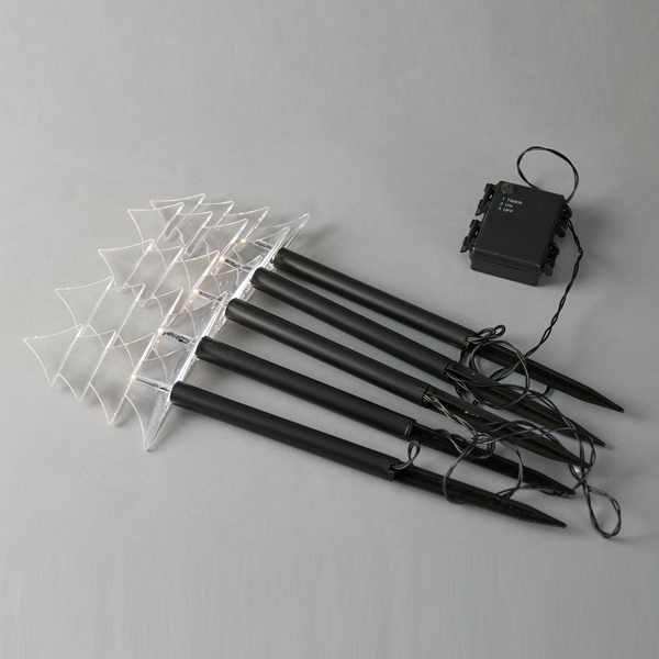 LÍNEA 5 LED 3mm, 5 ÁRBOLES CON PISTA DE TIERRA 37cm, PANEL SOLAR CON SENSOR DE LUZ, CABLE PVC NEGRO, LED BLANCO CÁLIDO, POR 35cm, CABLE 2m, IP44