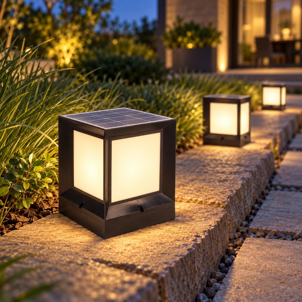 LUMINARIA SUELO SOLAR CUADRADO DE PLÁSTICO LED 4W (3000-4000-6500K) Y 1xE27 Máx. 10W 150x150x190mm IP44 NEGRO ARTE ILLUMINA