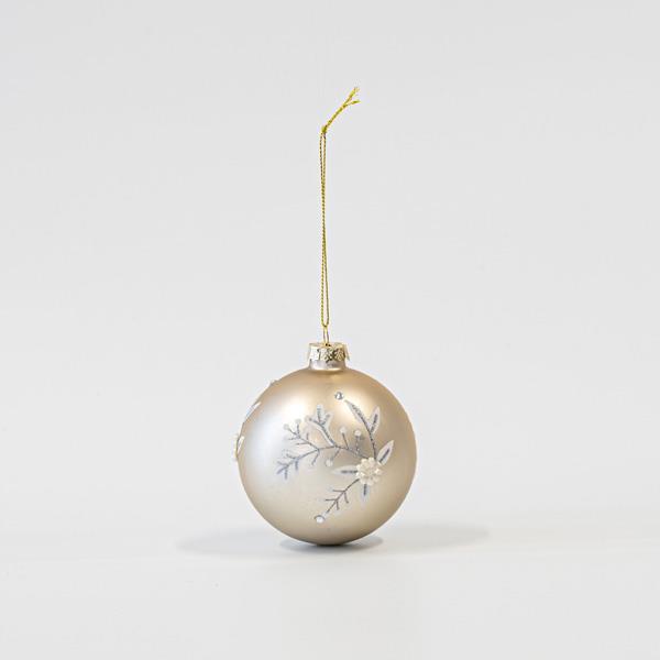BOLA DE CRISTAL CHAMPÁN CON FLORES BLANCAS, SET 4UNDS, 10cm