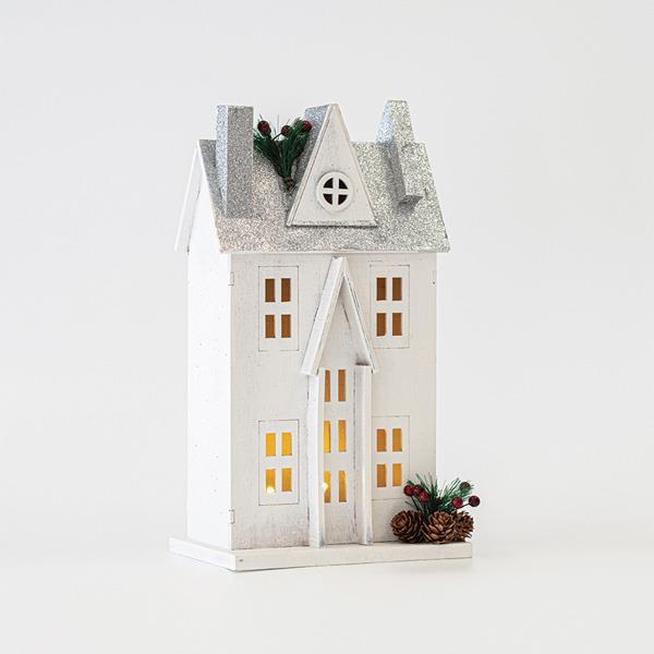 CASA DE MADERA ILUMINADA, BLANCO-GRIS, 3 LED 5mm, CAJA DE PILAS 2AA, BLANCO CÁLIDO, 17x11x31cm, IP20