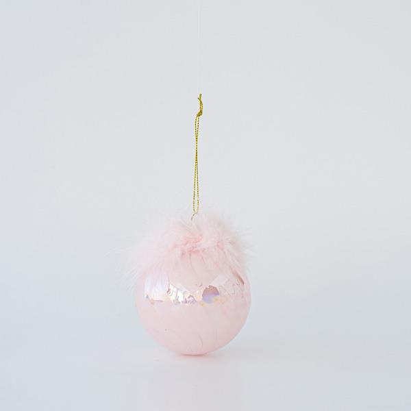 BOLA DE CRISTAL ROSA IRIDISCENTE CON PLUMAS, SET 4UNDS, 10cm