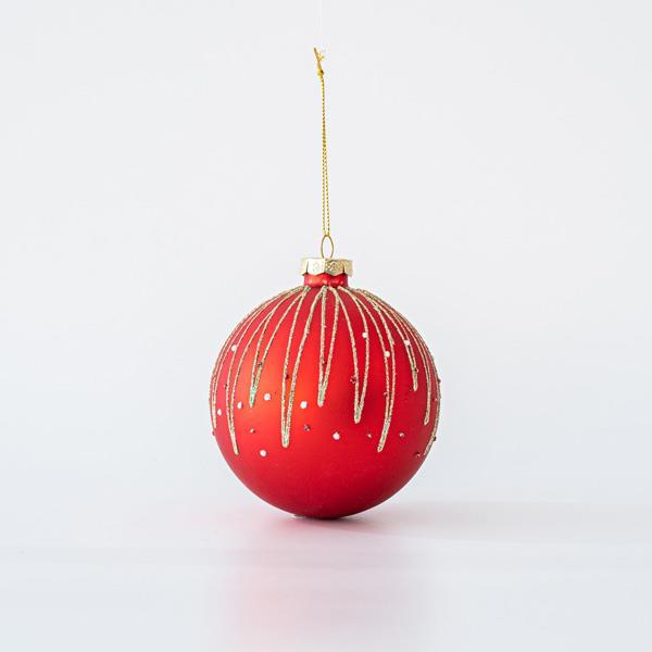BOLA DE CRISTAL ROJA CON DISEÑOS BRILLO CHAMPÁN, SET 4UNDS, 10cm