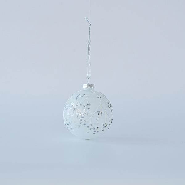 BOLA DE CRISTAL BLANCA CON DISEÑOS BLANCOS, SET 4UNDS, 10cm