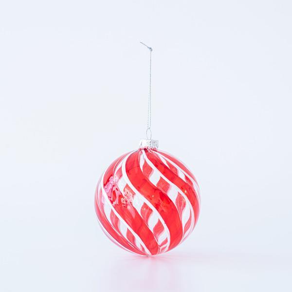BOLA DE CRISTAL TRANSPARENTE CON LINEAS ROJAS Y BLANCAS, SET 4UNDS, 10cm