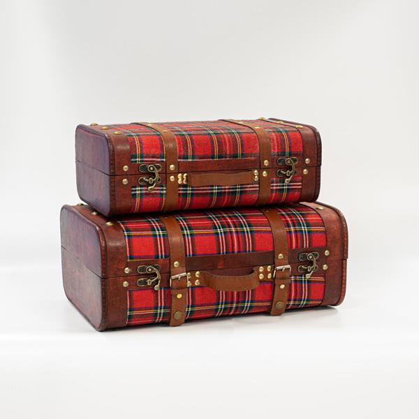 MALETA DE TELA CUADROS ROJOS SET 2 UD, 42x28,3x17,5cm Y 36x22,5x13,2cm