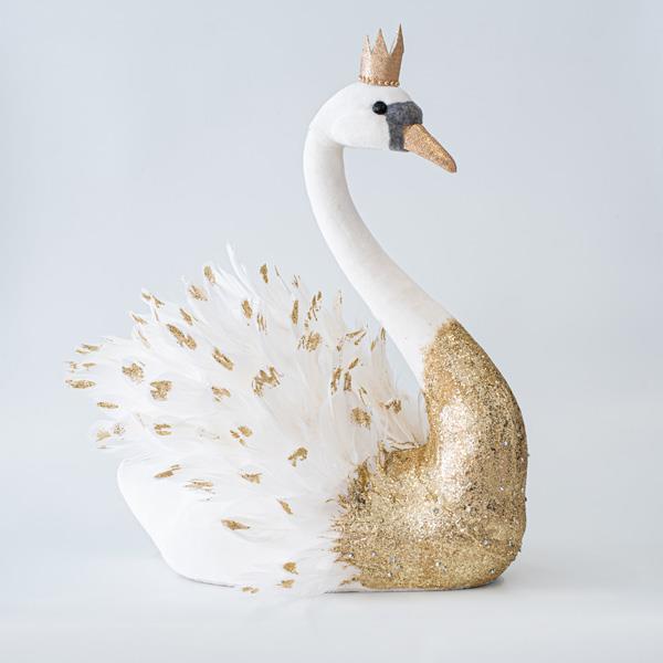 CISNE DE TERCIOPELO BLANCO CON BRILLO DORADO, 50cm