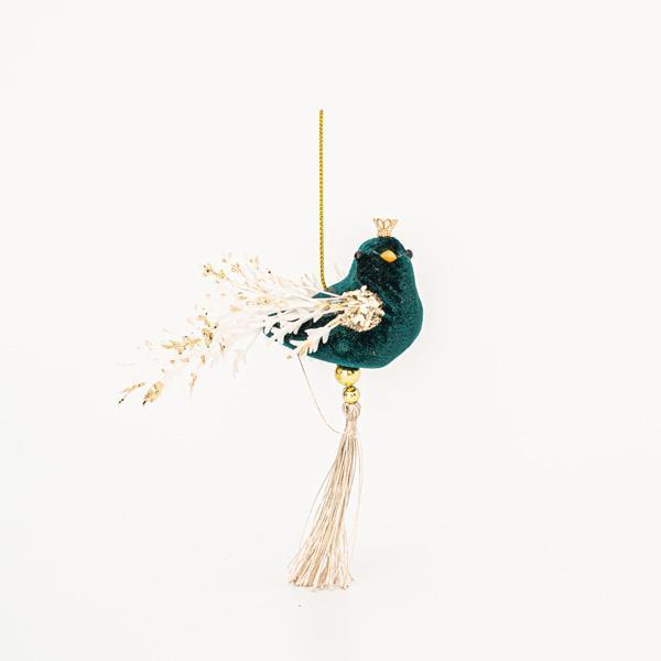 PAJARITO COLGANTE DE TERCIOPELO, VERDE OSCURO, 13x14cm
