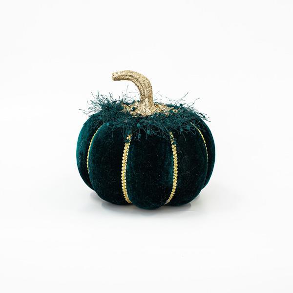 CALABAZA DE TERCIOPELO VERDE OSCURO CON BRILLO DORADO, 20cm