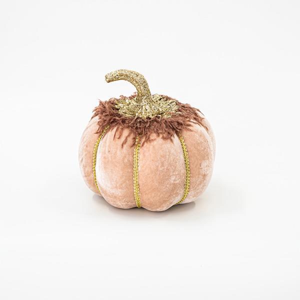 CALABAZA DE TERCIOPELO, SALMON, CON BRILLO DORADO, 20cm