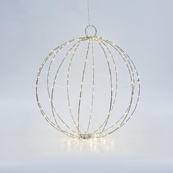 BOLA DE METAL PLATA ILUMINADA 40 cm, 240 MINI LED, ADAPTADOR FIJO, CABLE DE COBRE PLATA, LED BLANCO CÁLIDO, CABLE 3 m, IP44