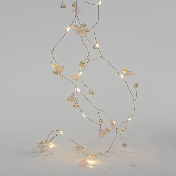 LÍNEA, 20 MINI LED, CON FLORES Y PERLAS ACRÍLICAS, FUNCIONA CON BATERÍAS, CON TEMPORIZADOR, HILO DE COBRE PLATA, LED BLANCO CÁLIDO CADA 7,5cm, CABLE 50cm, IP20