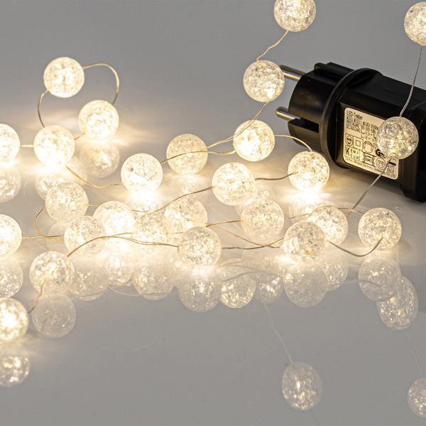 LÍNEA, 100 MINI LED BOLAS ACRÍLICAS 2cm, ADAPTADOR 4,5V, FIJA, CABLE DE COBRE PLATA, LED BLANCO CÁLIDO, POR 5cm, CABLE DE CONDUCCIÓN 3m, IP44