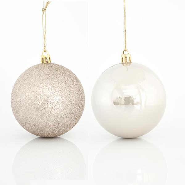 BOLAS BEIGE, PLÁSTICO, SET 6PZS, (2 PERLAS, 4 GLITTER), 8cm