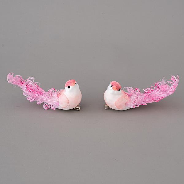PAJARITO ROSA, CON PLUMAS BLANCAS Y ROSADAS, 12x5cm