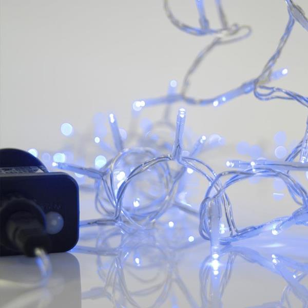 LINEA, 100 LED 3mm, ADAPTADOR 31V CON 8 MULTIFUNCIONES, HILO TRANSPARENTE, LED AZUL POR 5cm, CABLE 3m, IP44