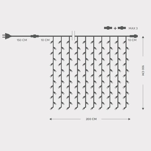 CORTINA, 200 LED 5mm CON COPAS 230V CONECTOR HASTA 5 HILO GOMA VERDE LED BLANCO CABLE 1,5m IP65