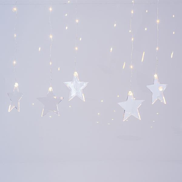 CORTINA 47 MINI LED CON 7 ESTRELLAS DE ACRÍLICO ADAPTADOR 4.5V COBRE PLATA LED BLANCO CÁLIDO H80xW120cm CABLE 3m IP44