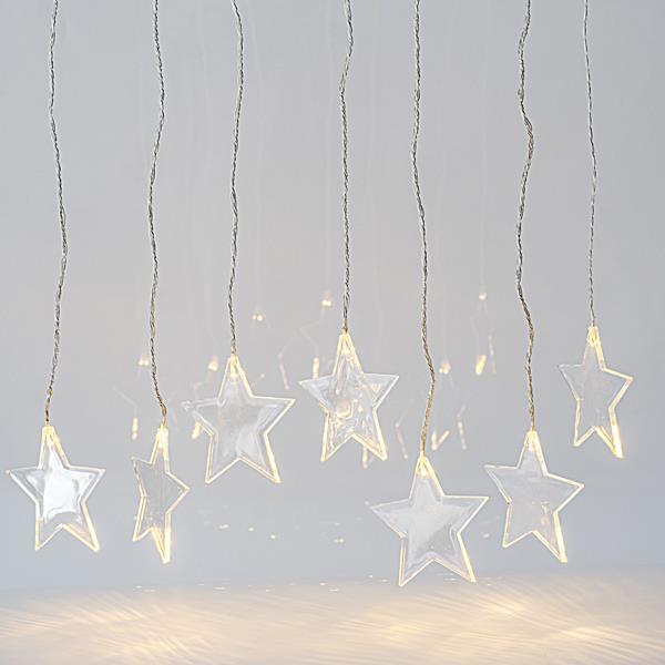 CORTINA, 8 LED 5mm, CON ESTRELLAS 11cm, ADAPTADOR 4.5V, CONECTOR HASTA 3, CABLE TRANSPARENTE, LED BLANCO CÁLIDO, H60 x L100cm, CABLE 3m, IP44