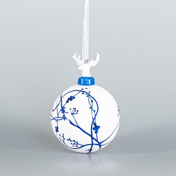 BOLA DE CRISTAL CON RENO DE PORCELANA, BLANCO, CON DISEÑOS AZULES, 8cm, UDS 1