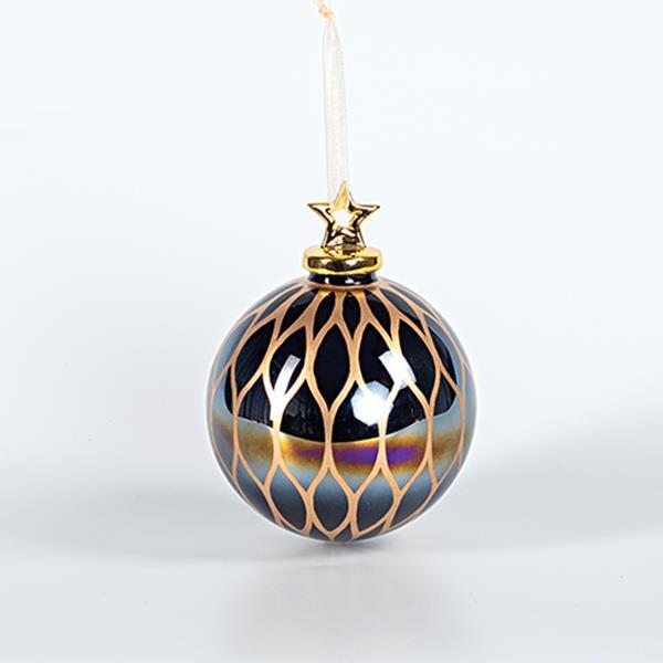 BOLA DE CRISTAL, NEGRA IREDISCENTE CON ESTRELLA DE PORCELANA Y DISEÑOS, 10cm, UDS 1