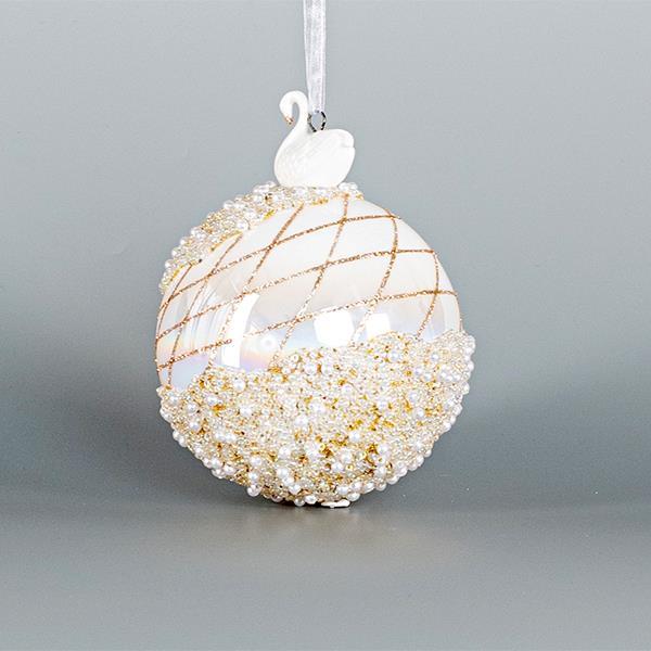 BOLA DE CRISTAL, BLANCO IREDISCENTE CON CISNE DE PORCELANA, CON CUENTAS, 10cm, UDS 1