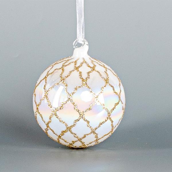 BOLA DE CRISTAL, BLANCO IREDISCENTE, CON DISEÑOS DORADOS, 8cm, UDS 1