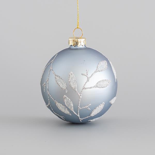 BOLA DE CRISTAL, AZUL CLARO MATE, CON HOJAS BRILLANTES, SET 4PZS, 8cm