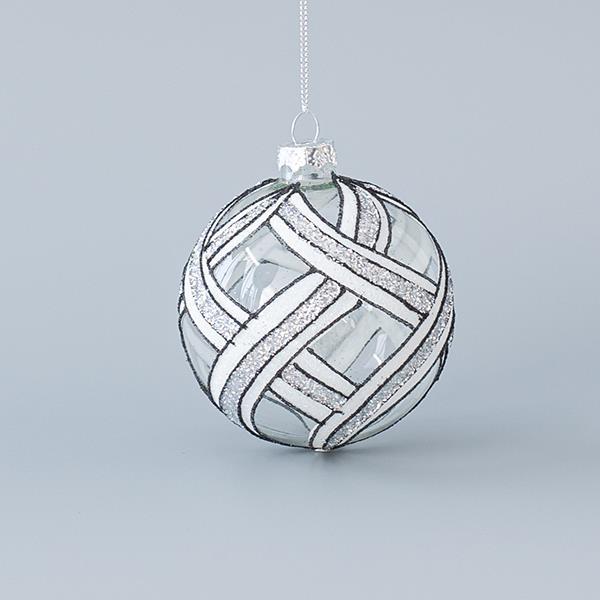 BOLA DE CRISTAL, BLANCO-NEGRO, CON BRILLO PLATA, SET 4PZS, 8cm