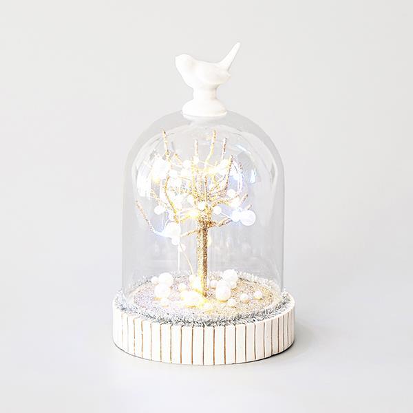 CAMPANA CRISTAL, PÁJARO Y PERLA, 12 LED, 11,6x18cm