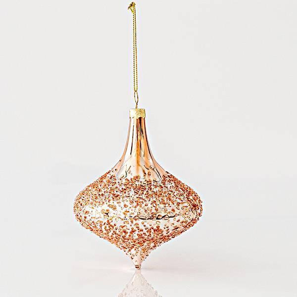 ADORNO DE VIDRIO, CEBOLLA, ORO ROSA, CON LENTEJUELAS EN EL INTERIOR, SET 4PZS, 10x11,5cm