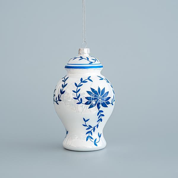 ADORNO DE CRISTAL, JARRON, BLANCO CON FLORES AZULES, SET 2PZS, 7,5x12,2cm