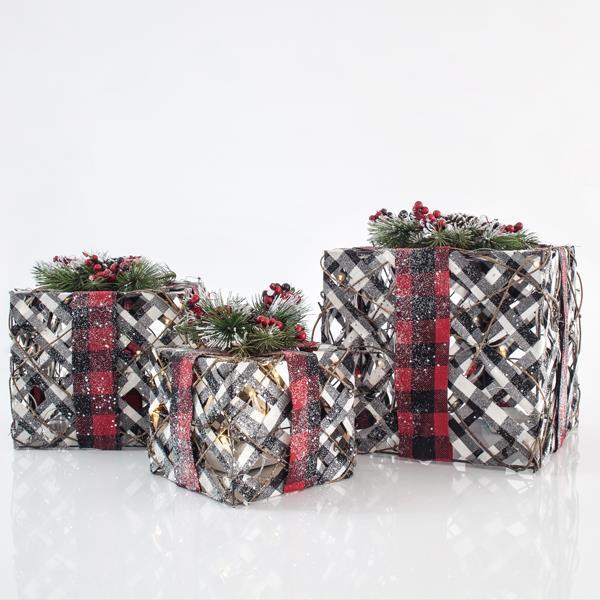 CAJAS DE REGALO ILUMINADAS CON ESTAMPADO A CUADROS BLANCO - NEGRO, 3ud, 15cm/20cm/25cm