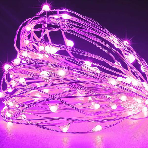 LINEA 100 MINI LED, 3,5V, FIJA, CON ADAPTADOR, CABLE 500cm, CABLE COLOR PLATA, LED ROSA, POR 10cm, IP44