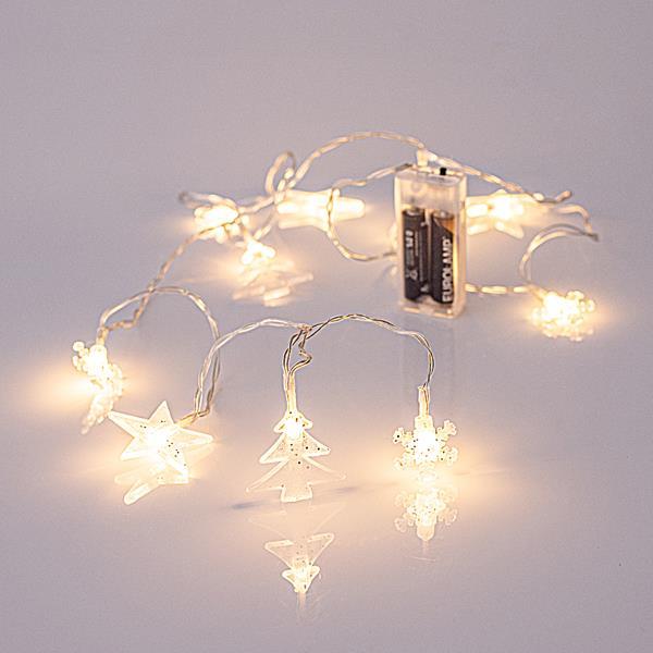 LINEA, 10 LED 5mm CON 4 COPOS DE NIEVE ACRÍLICOS, ESTRELLAS Y ÁRBOLES, CAJA DE PILAS 2xAA, CABLE TRANSPARENTE, LED BLANCO CÁLIDO POR 15cm, CABLE DE PLOMO 50cm, IP20