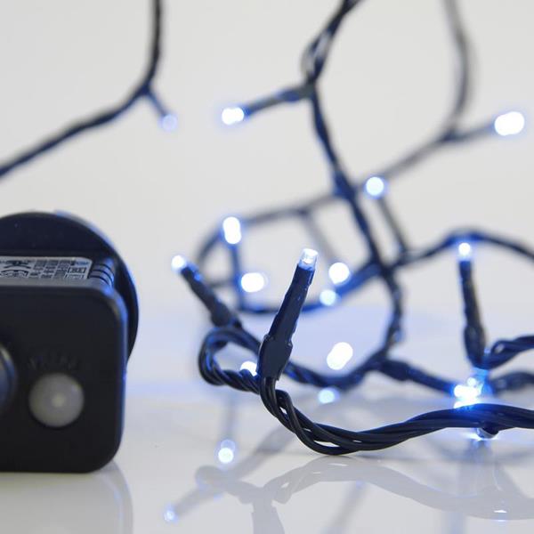 LINEA, 100 LED 3mm, ADAPTADOR 31V CON 8 MULTIFUNCIONES, HILO VERDE, LED AZUL POR 5cm, CABLE 3m, IP44