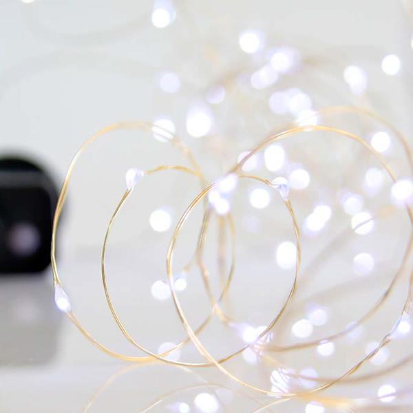 LINEA, 100 MINI LED, 4,5V, 8 MULTIFUNCIONES, CON ADAPTADOR, CABLE 500cm, CABLE COBRE PLATA, LED BLANCO, POR 10 cm, IP44