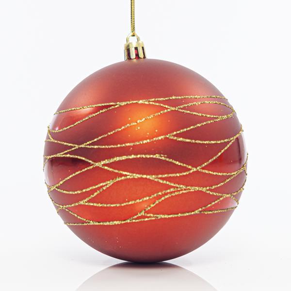 BOLAS DE PLÁSTICO ROJO, CON ADORNOS DORADOS, SET 4PZS, 10cm