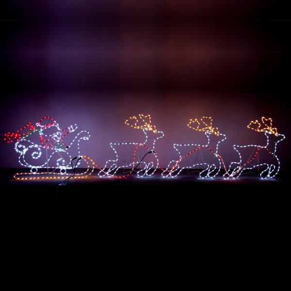 PAPÁ NOEL CON TRINEO Y 3 RENOS CABLE DE LUZ LED 25m 2 VÍAS CON PROGRAMA 400x75cm IP44