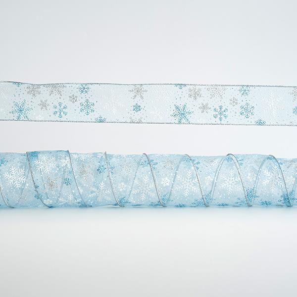 CINTA TRANSPARENTE, CON COPOS DE NIEVE PLATA Y AZUL, 6,35cm, 10A