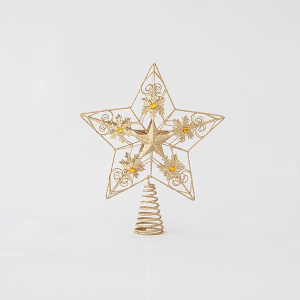 TOP ÁRBOL DE ALAMBRE, ORO CLARO, ESTRELLA CON DISEÑOS, 30x25cm
