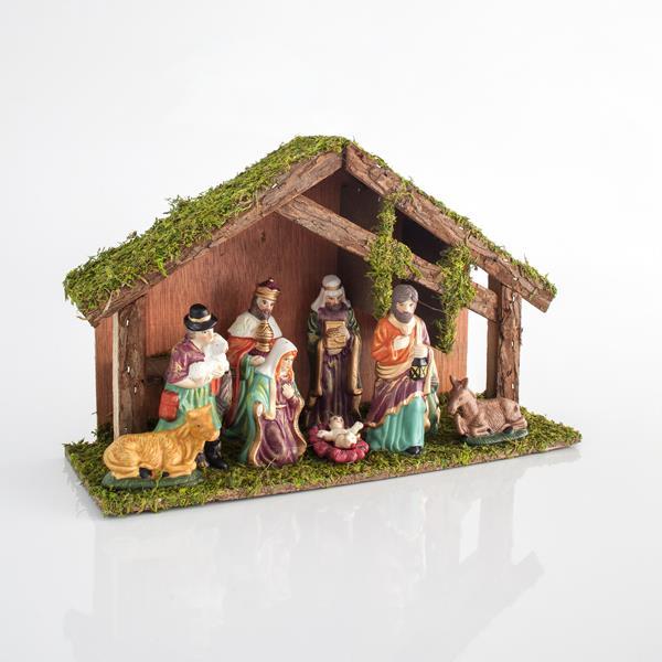 ESTABLO DE MADERA CON 9 FIGURAS DE PORCELANA, 35x12x22cm