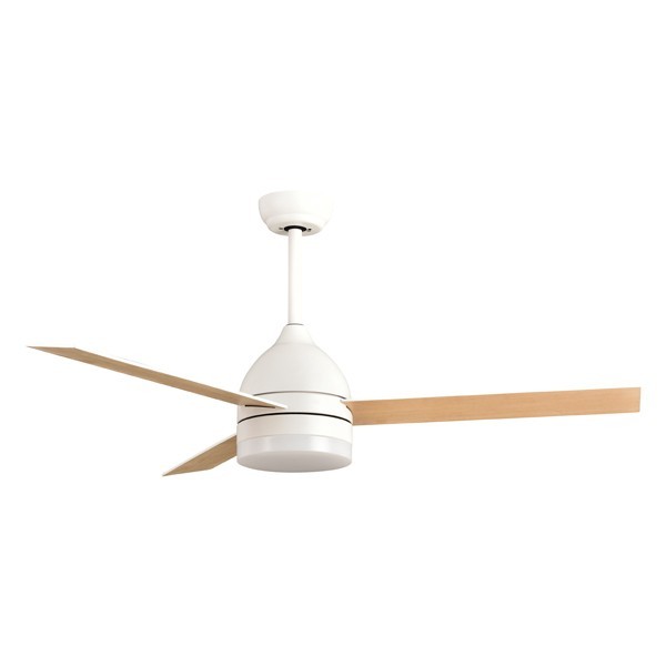 VENTILADOR DECORATIVO COLOR BLANCO ASPAS EN MADERA Ø107 MOTOR DC 22W CON LUZ LED Y MANDO A DISTANCIA