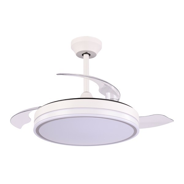 VENTILADOR DECORATIVO BLANCO-NIQUEL CON ASPAS RETRÁCTILES, LUZ LED Y CONTROL REMOTO Ø107 MOTOR DC 32W