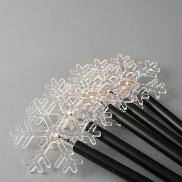 LÍNEA, 5 LED 3mm, 5 COPOS DE NIEVE CON PISTA DE TIERRA 34,5cm, PANEL SOLAR CON SENSOR DE LUZ, CABLE PVC NEGRO, LED BLANCO CÁLIDO, POR 35cm, CABLE 2m, IP44