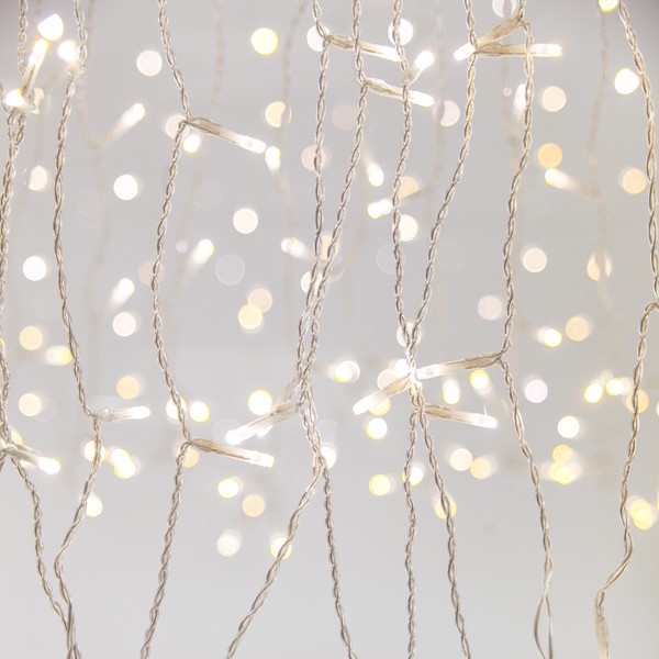 CORTINA, 360 LED 2CHIP 3 mm, ADAPTADOR 31 V, 4 CONECTORES HASTA 3 JUEGOS, 8 M/F Y MEMORIA, TEMPORIZADOR Y REGULADOR, CONTROL REMOTO, CABLE DE PVC TRANSPARENTE, LED BLANCO CÁLIDO Y BLANCO, (Alto 200 x Ancho 200 cm, 20 LÍNEAS x 18 LED), CABLE DE CONDUCCIÓN 3 m, IP44