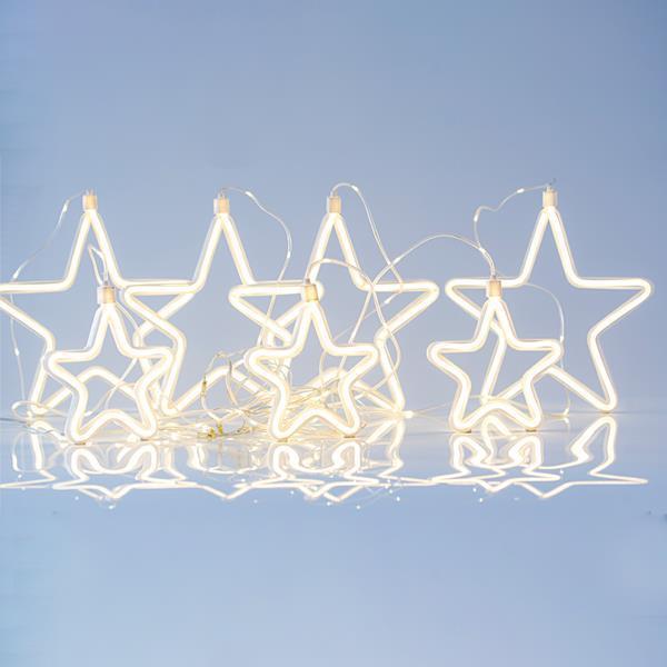 CORTINA, 47 MINI LED, ADAPTADOR DE 27 V, CON 4 ESTRELLAS GRANDES DE 18 cm Y 3 ESTRELLAS PEQUEÑAS DE 14 cm CON LUZ DE CUERDA DE NEÓN, 4 CONECTORES DE 3 PUNTOS, CABLE DE COBRE PLATEADO, LED BLANCO CÁLIDO, LUZ DE CUERDA DE NEÓN BLANCO CÁLIDO, (Alto 108 x Ancho 150 cm), CABLE DE CONDUCCIÓN 3 m, IP44