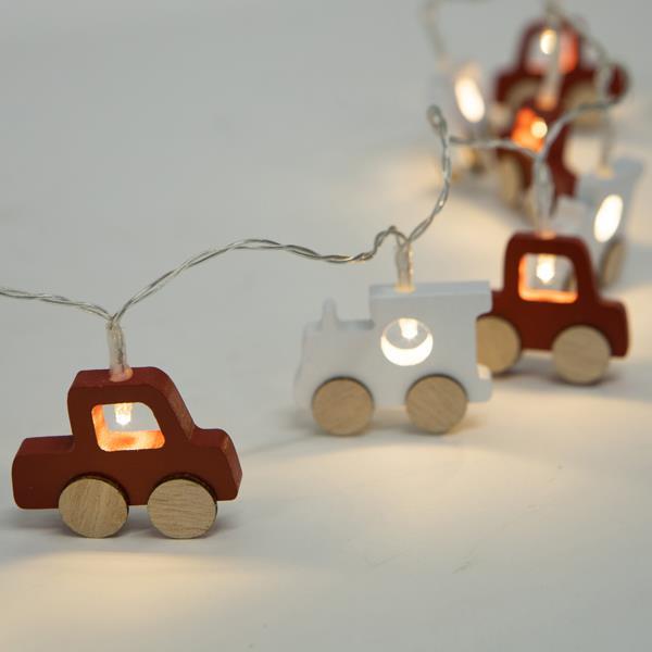 LÍNEA 10 LED CON COCHES DECORATIVOS DE MADERA, CAJA DE PILAS 3XAA, TEMPORIZADOR, LED BLANCO CÁLIDO, POR 10cm, CABLE DE PVC TRANSPARENTE, CABLE DE CONDUCCIÓN 30cm, IP20